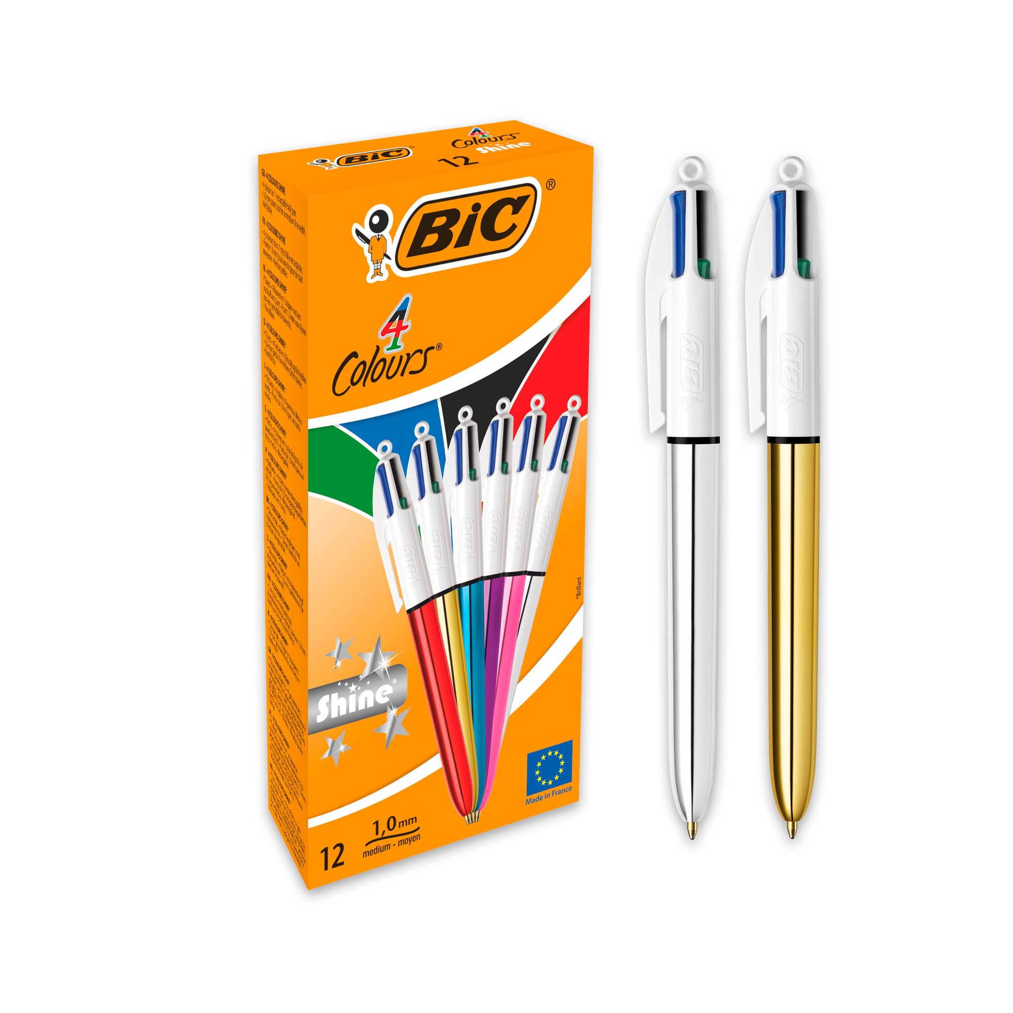 BIC 4 Colours Shine Retractable Ballpoint Pens, Medium Point (1.0 mm) - Assorted Metallic Barrels, Box of 12