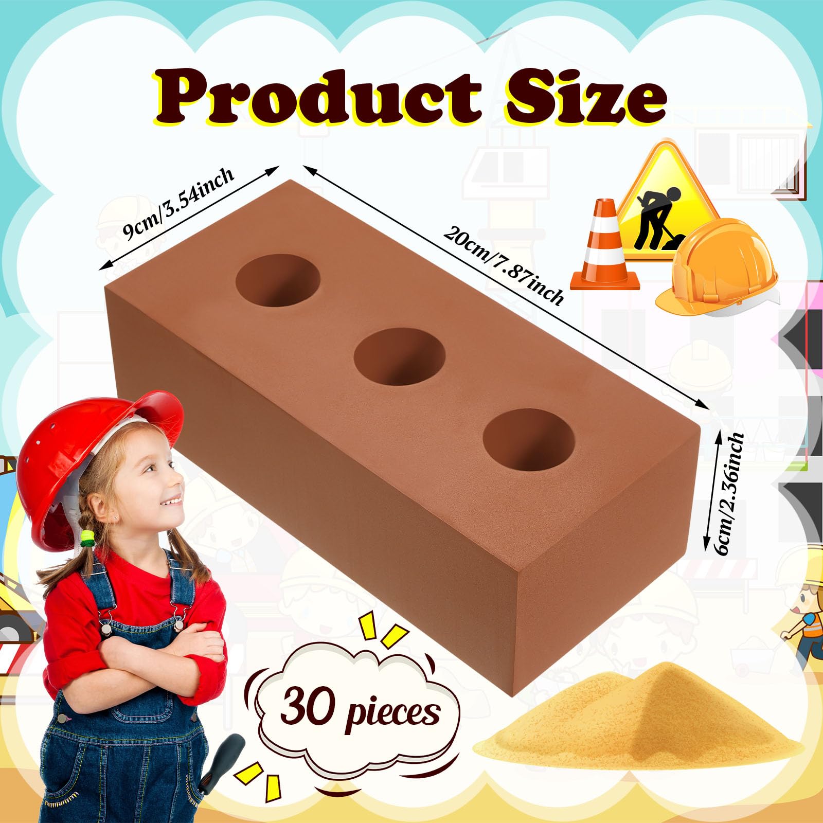 Deekin 30 Pcs Foam Brick Building Blocks for Kids Thick Blocks Foam Large Fake Brick Construction Toy for Stacking Construction, 8 x 4 x 2.4 in (Circle Holes)