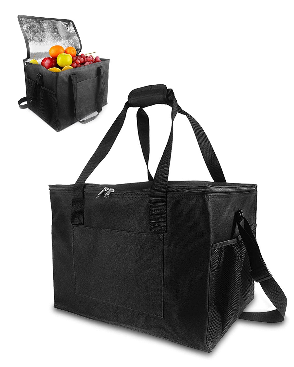 MOXTOYU 35L Cooler Bag, Large Lunch Cooler Bag with Adjustable Shoulder Strap, 2 Side Holder and Handle Straps Cool Box for Picnic, Ice Packs for Foldable Cooling Bags for BBQ, Party, Camping (Black)