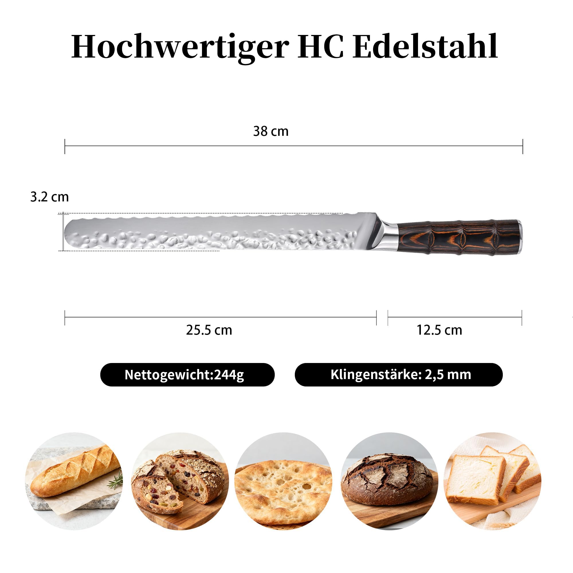 Kitory Profi Brotmesser 25,5 cm mit Wellenschliff aus hochwertigem rostfreiem Edelstahl, Extra Scharfe Klinge, Ergonomischer Griff, Gehämmertes Klingendesign 2