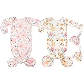 Vollmic Newborn Baby Knotted Gown Sleeper Gown with Mittens Long Sleeve Nightgown Baby Coming Home Outfit with Hat 2 Pieces