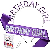 JunyRuny Purple Birthday Girl Sash & Tiara, Birthday Sash and Crown for Women, Gifts for Her, Birthday Decorations Purple Headband