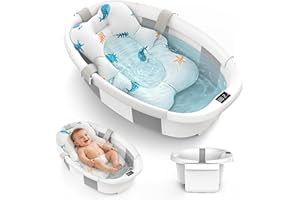 Collapsible Baby Bathtub for Newborn to Toddlers 0-36 Months, Large Baby Tub with Thermometer & Cushion, Easy Setup Foldable 