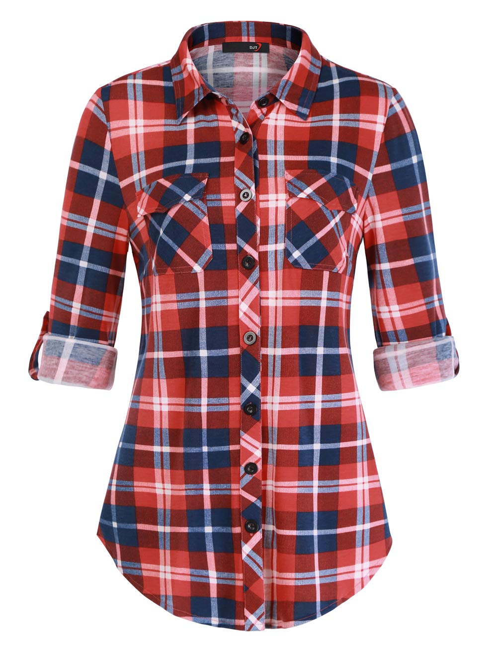 DJTWomens Soft Stretchy Knit Plaid Shirts Roll Up Long Sleeve Collared Button Down Blouses Tops