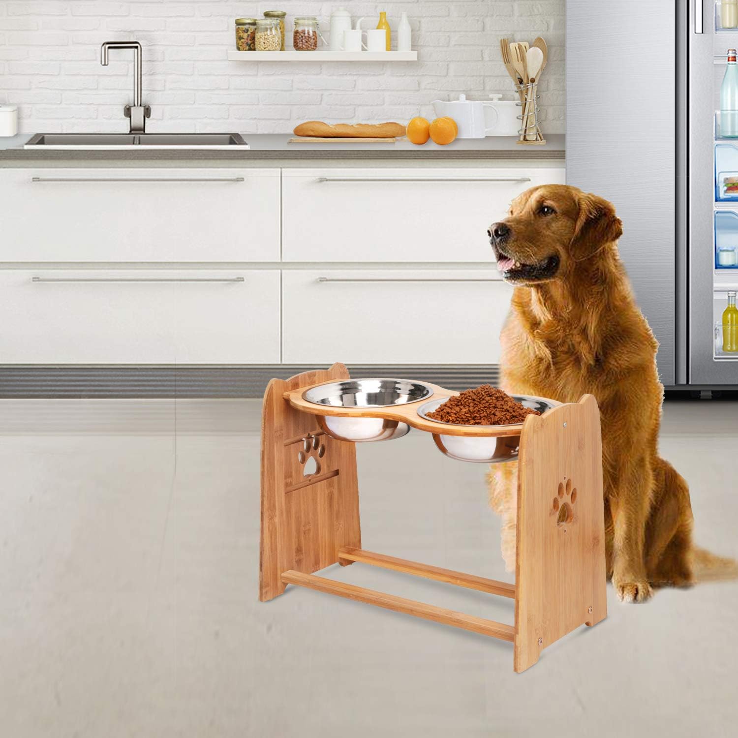 Kitchen & Dining : X-ZONE PET Raised Pet Bowls for Cats and Dogs, Adjustable Bamboo Elevated Dog Cat Food and Water Bowls Stand Feeder with 2 Stainless Steel Bowls and Anti Slip Feet (Height 16.3") : 