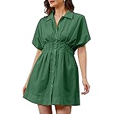 MSBESYOR Women Button Down Pleated Shirt Dress Summer Short Sleeve Blouse Striped Print Corset Mini Dresses Dark Green