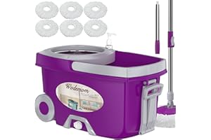 WODEMOM Dual Compartment Spin Mop and Bucket, Mop and Bucket with Wringer Set,360°Rotating Spinning Mopping for Floor Cleaning with 6 Microfiber Replacement Heads, 61" Extended Handle, 2X Wheel