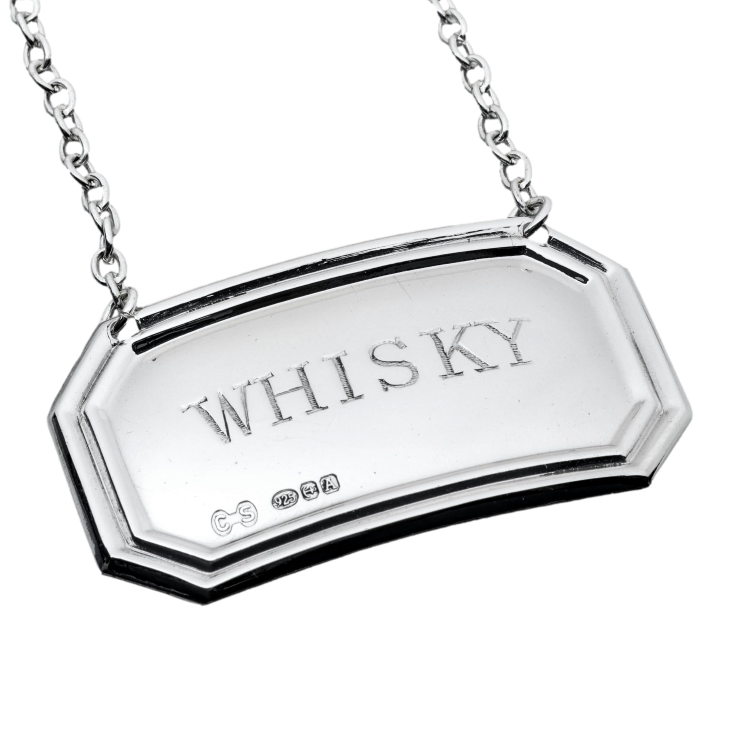 Cators Sterling Silver Whisky Decanter Label - Fully Hallmarked .925 Silver Decanter Labels for Whisky Bottle, 5cm (W) x 3cm (H) Label with 17cm Long Chain