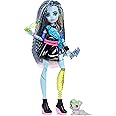 Monster High - Frankie Stein Doll in Cropped Sweater and Black Leather Skirt with Dog Watzie and 7 Accessories Such as Earpho