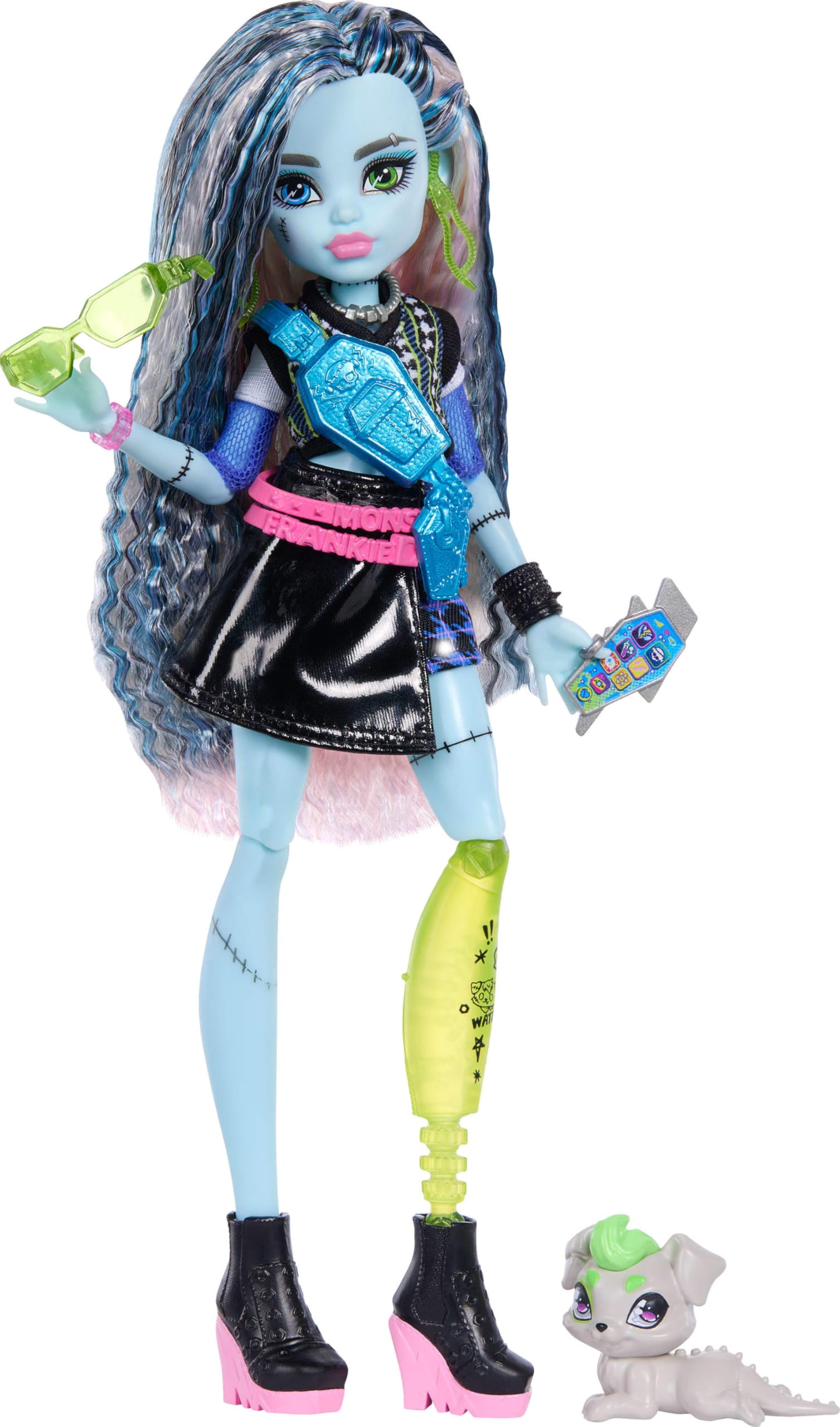 Monster High Doll, Frankie Stein in Cropped Sweater and Black Pleather Skirt with Pet Dog Watzie and 7 Accessories like Earphones, Belt Bag and Snacks, JHK31
