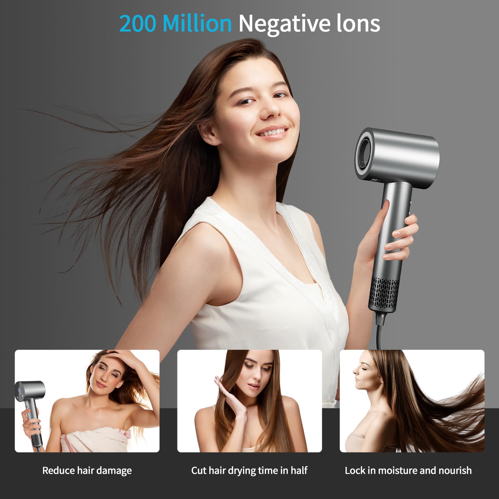 BAMCOO Föhn Fön Haartrockner Ionen Föhn Hair Dryer 1500W HD Display Temperatur Touchscreen ionen haartrockner 4 Temperaturstufen & 3 Geschwindigkeitsstufen (Grey) 3