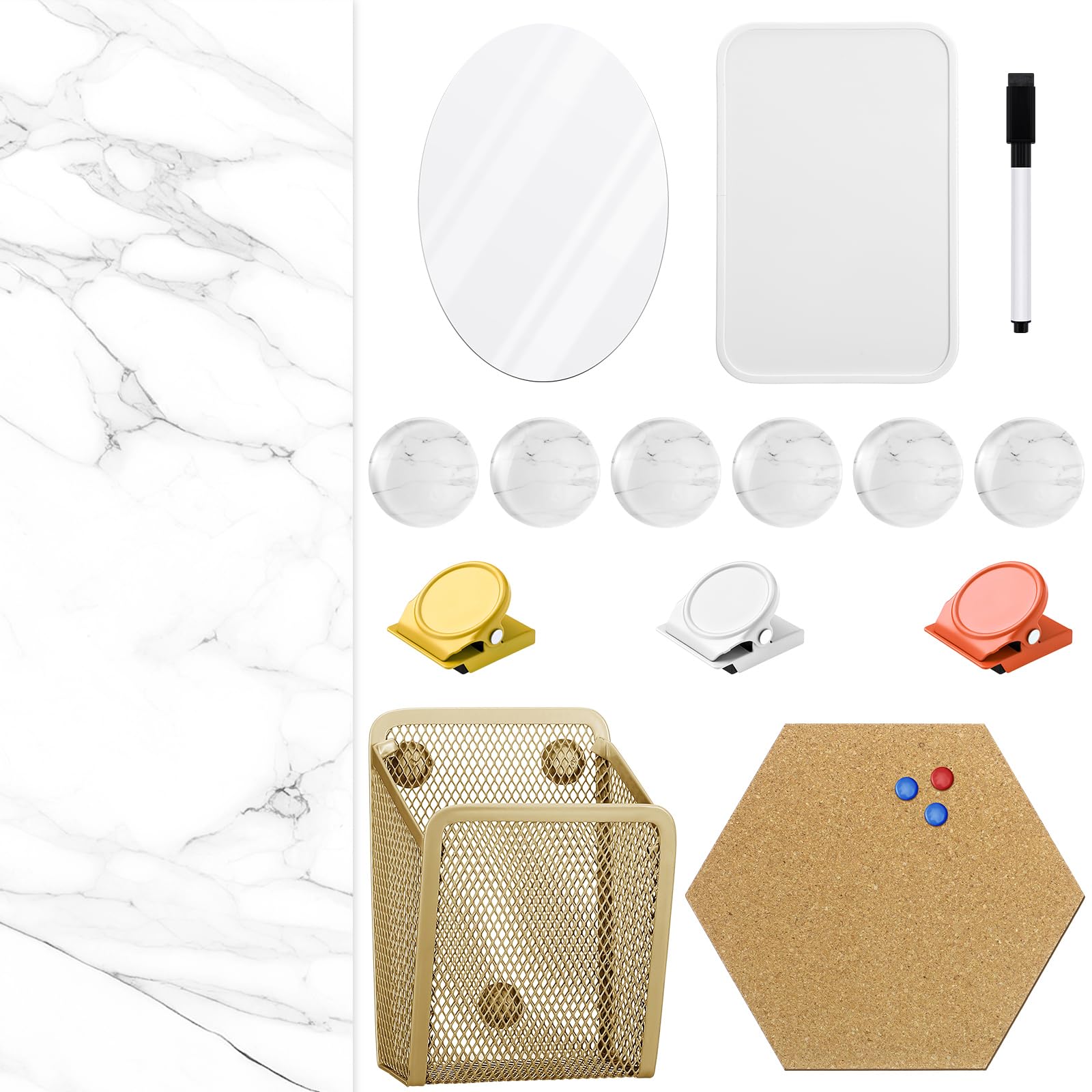 Photo 1 of Harloon 15 Pcs Locker Decoration and Organizer Kit Locker Wallpaper Magnetic Pen Holder and Mirror Whiteboard Marker Cork Board with 3 Push Pins 3 Magnetic Clip 6 Magnets(White Marble Texture)