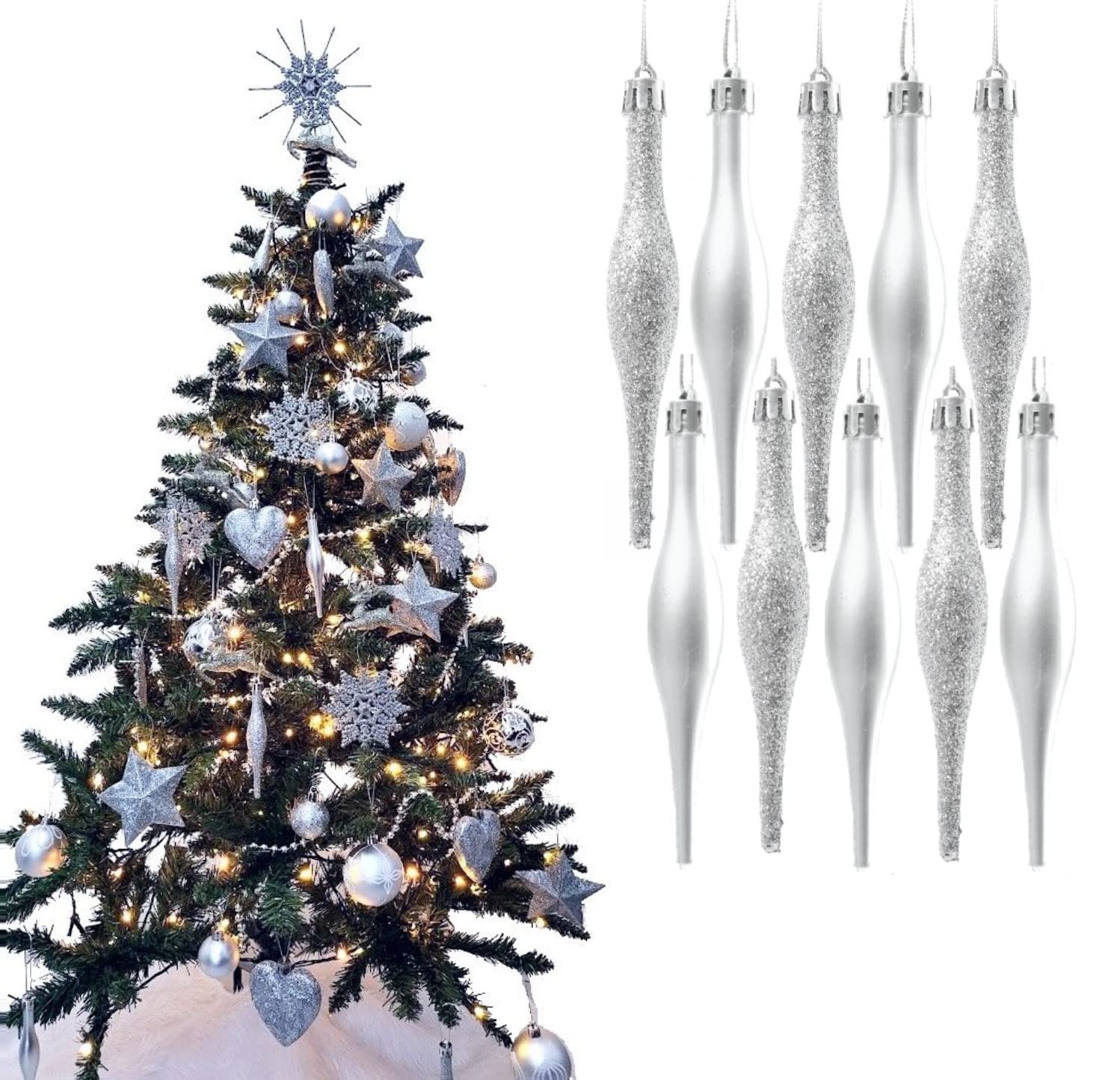 Simply Products 10 Droplet Baubles - Great Christmas Tree Decoration, Matte & Glitter Icicle Baubles (Silver Glitter & Matte) — image 1