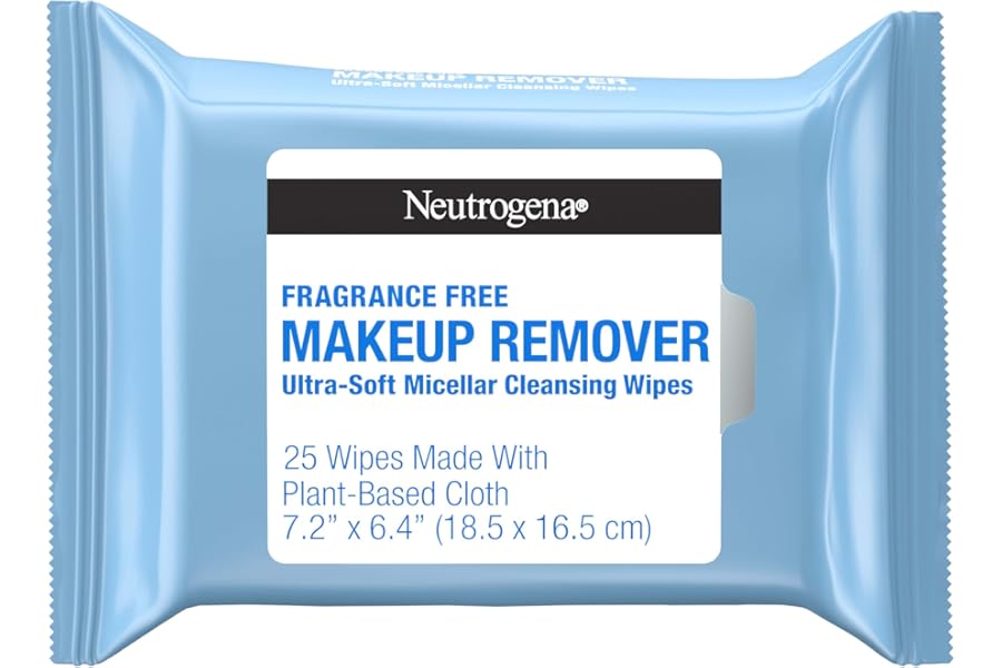 Neutrogena Fragrance-Free Makeup Remover Wipes, Daily Ultra-Soft Micellar Cleansing Wipes Gently Remove Oil & Waterproof Makeup, Hypoallergenic, Made with Plant-Based Cloth, 25 ct