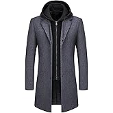 Lamgool Men's Winter Wool Blend Long Coat Single Breasted Overcoat with Removable Hood