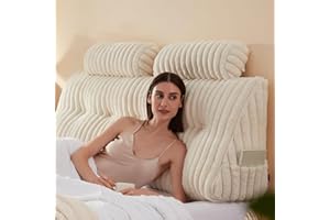 Rycwola Faux Fur Headboard Pillow with 2 Pack Neck Roll Pillow Large Headboard Pillow Soft and Supportive with Removable Cover (Beige, Queen)