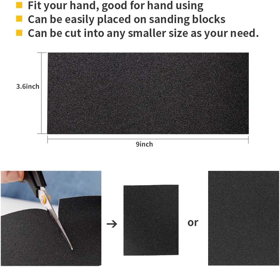 Sandpaper, 120 to 3000 Girt Sand Paper Assortment Wet Dry Waterproof Abrasive Variety Pack Sanding Paper Sheets for Automotive Car Wood Metal Plastic Glass Polishing Finishing, 9х3.6 Inch - - 