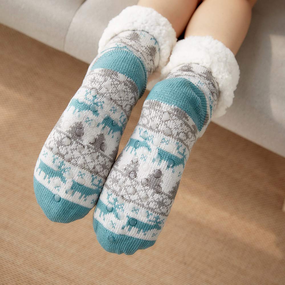4YOUALL Womens Fleece Lining Soft Warm Fuzzy Sock, Christmas Thermal Knee High Stockings Slipper Socks (Lake Blue Deer)