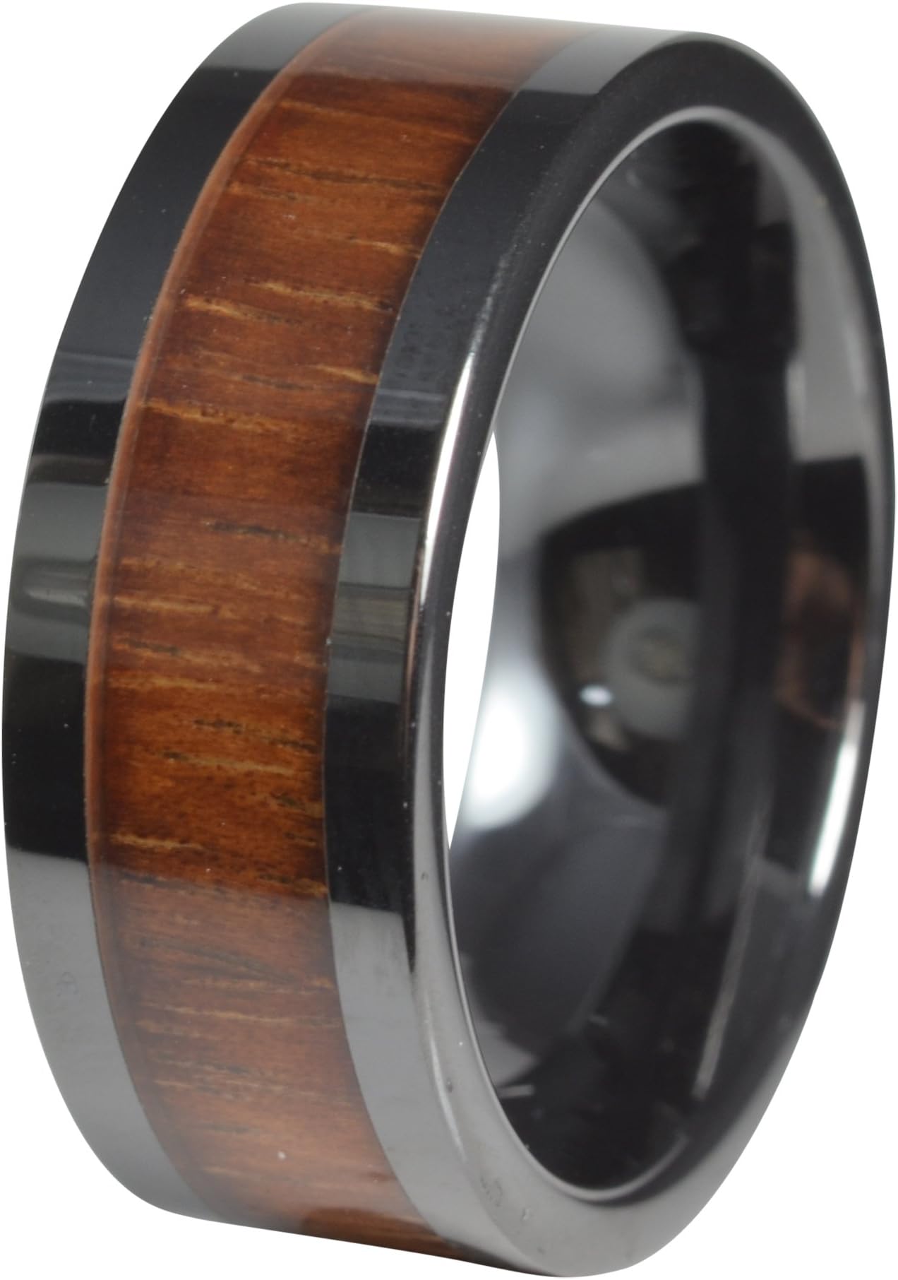PCH Jewelers Koa Wood Mens Wedding Band Black Ceramic 9mm Comfort Fit Flat Top