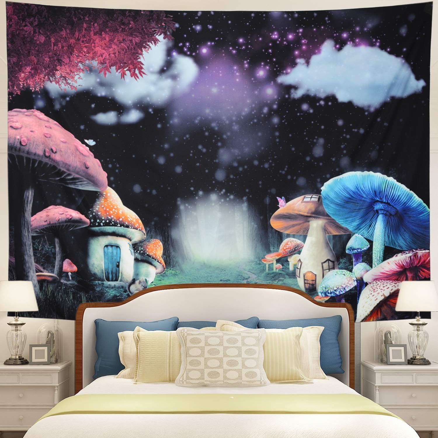 Psychedelic Mushroom Tapestry Misty Forest Trees Tapestry Magic Galaxy Tapestry Wall Hanging Fantasy Trippy Landscape Tapestry for Bedroom Kids Room