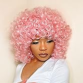 andromeda Pink Curly Wigs for Black Women Short Kinky Curly Wig with Bangs Loose Curly Heat Resistant Fiber Hair Wig for Women Halloween Cosplay Party Wigs (Pink)