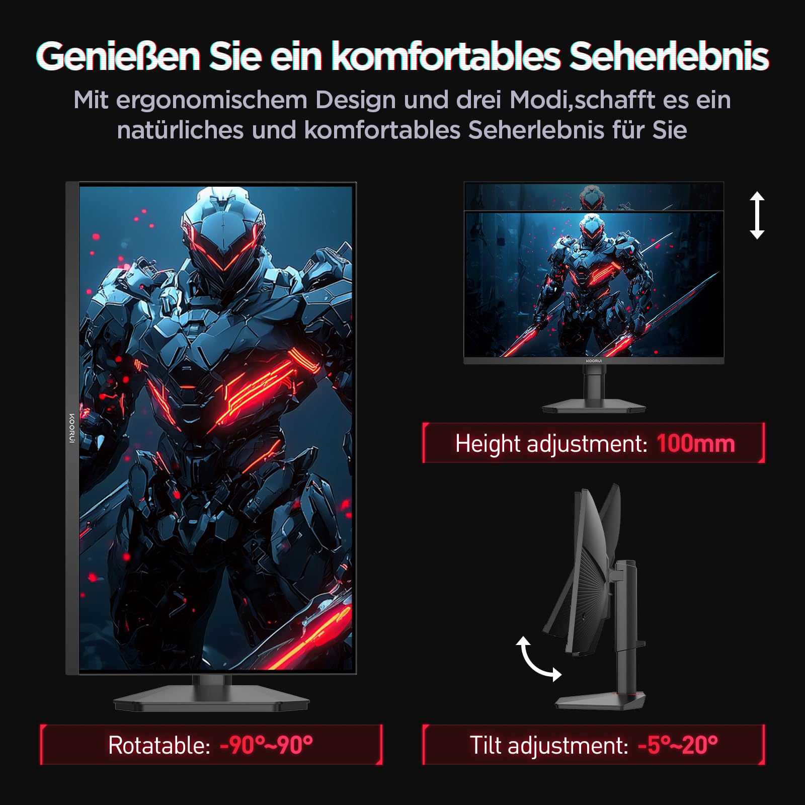 KOORUI G2722P 27 Zoll Gaming Monitor, 200Hz PC Bildschirm, QHD 2560x1440 Fast IPS, 1ms, HDR400, Adaptive Sync HDMI 2.0 & DP 1.4, VESA 75x75mm, Höhenverstellbar & Drehbar 5