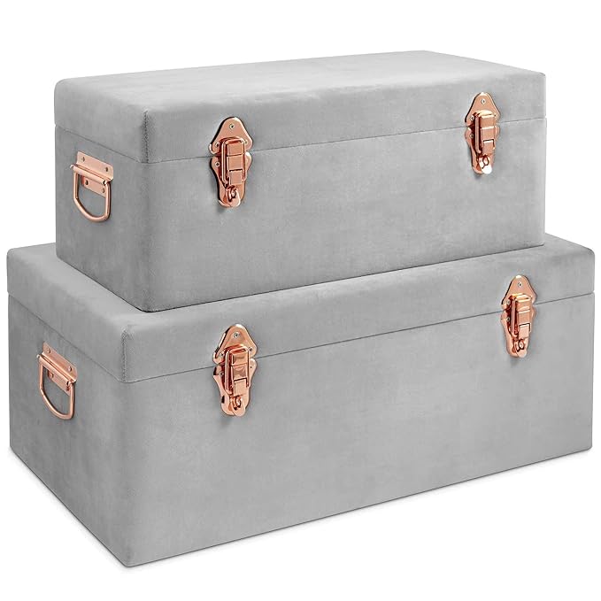 Beautify Gray Velvet Decorative Storage Trunk Set with Rose Gold Clasps