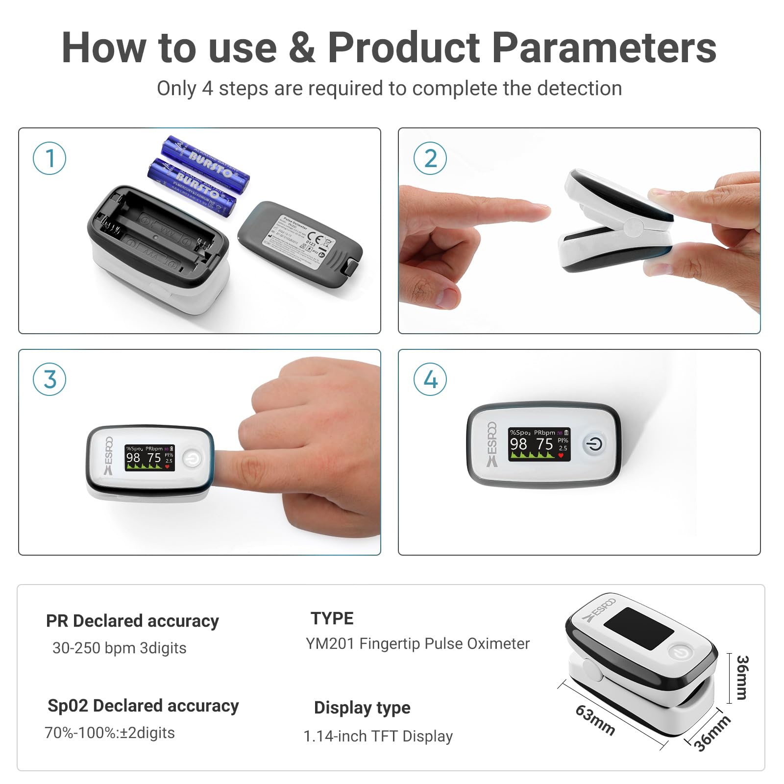 ESPOO Pulse Oximeter with 20 Memory, Oxygen Monitor Fingertip 4 Color TFT Display(SPO2), Alarm & Brightness Adjustable, Batteries & Lanyard Include(White&Black)
