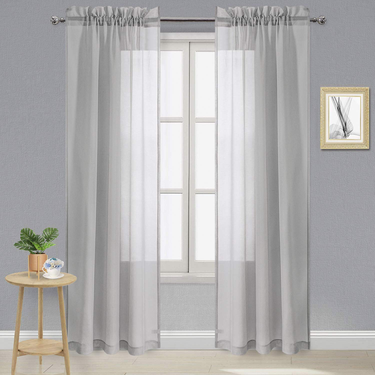 DWCN Grey Sheer Curtains Semi Transparent Voile Rod Pocket Curtains for Bedroom and Living Room, 42 x 84 inches Long, Set of 2 Panels