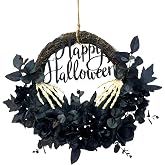 Lnymura 20 Inch Pre-Lit Black Halloween Wreath with Timer and Flowers, LEDs | 20 Purple LEDs, Skeleton Hands, Black Roses, Hydrangeas and Halloween Sign for Front Door Decor
