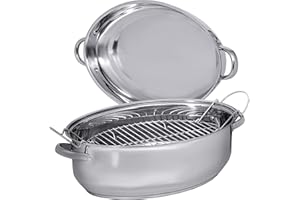 BNF Precise Heat Roasting Pan with Rack and Lid, T304 Stainless Steel Multi-Use Oval Dutch Oven, 18 Inch, 14 Quart