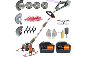 YUEWXTER Electric Weed Wacker, (21V 2x6.0A Weed Eater Battery Powered), 4-in-1 Grass Trimmer/Wheel Edger/Mini-Mower/Brush Cutter, with 3 x Saw Blades, 4 x Metal Blades, 30x Grass Cutting line