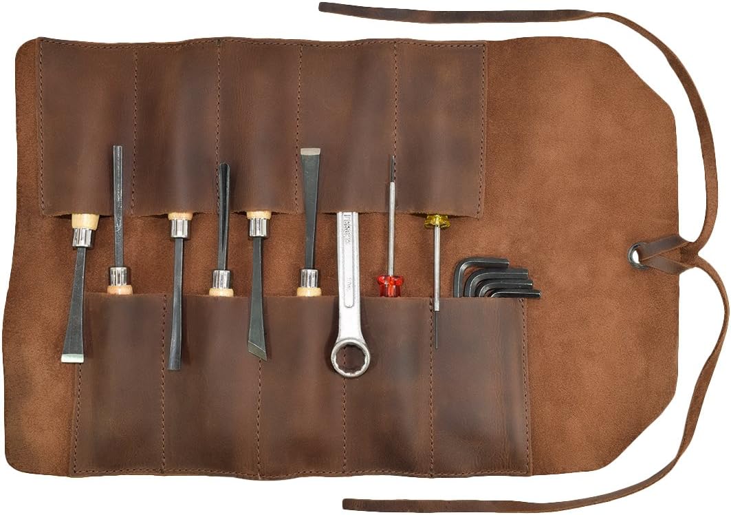 Hide & Drink, Rustic Leather Small Tool Roll Up Bag (10 Slots), Portable Carry On Pouch, Workshop Storage, Woodworking Tools Organizer, Vintage, Handmade Includes 101 Year Warranty :: Bourbon Brown