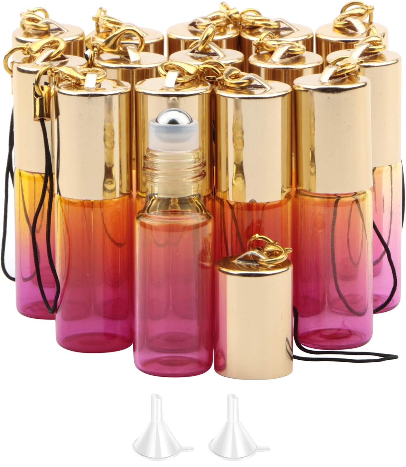 Rowiz 15PCS 5ml Yellow-Rose Red Gradient Color Glass Roll on Bottles UV Protection,Empty Sample Vial Essential Oil Glass Bottles with Stainless Steel Roller Balls and Golden Screwcap with Buckle