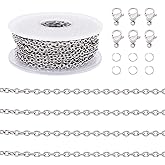32.8 Feet Stainless Steel Curb Chains for Men Soldered Cable Links Chains for Jewelry Making 4x3x0.8mm with 20Pcs Lobster Claw Clasps 50Pcs Jump Rings for DIY Necklace Hanging,Dog Tag,Keychain