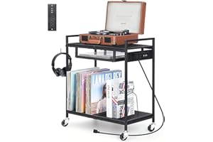 SEHERTIWY Record Player Stand with Vinyl Storage, Black Turntable Stand with Charging Station, Record Player Holder with Detachable Wheels