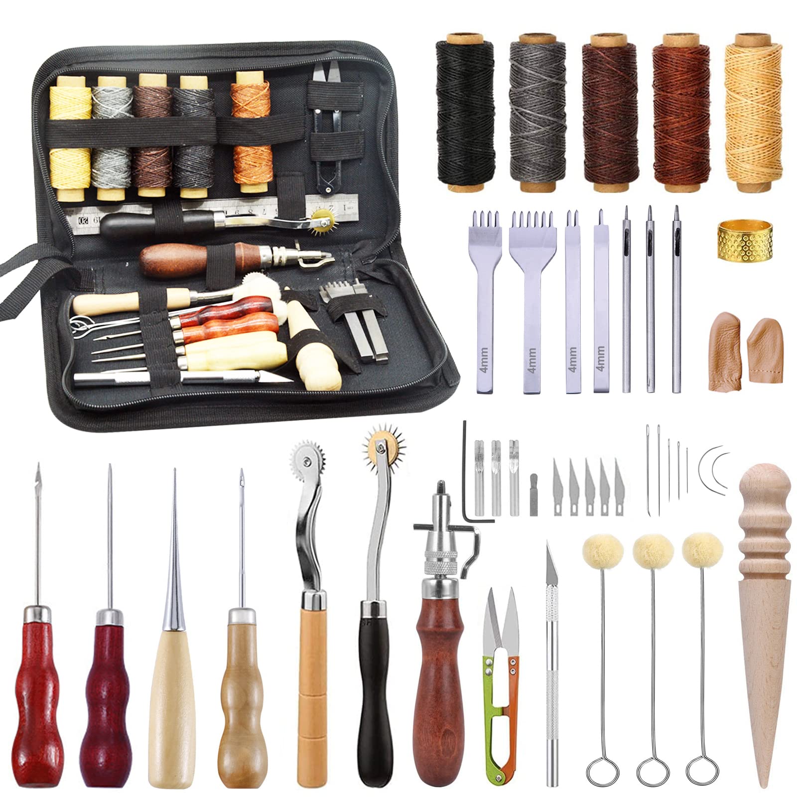 selliner Leather Tools for Working Professional, Beginners, with Waxed Thread Stitching Groover Awl, Sewing Kit and Crafting Adults Gifts, Brown