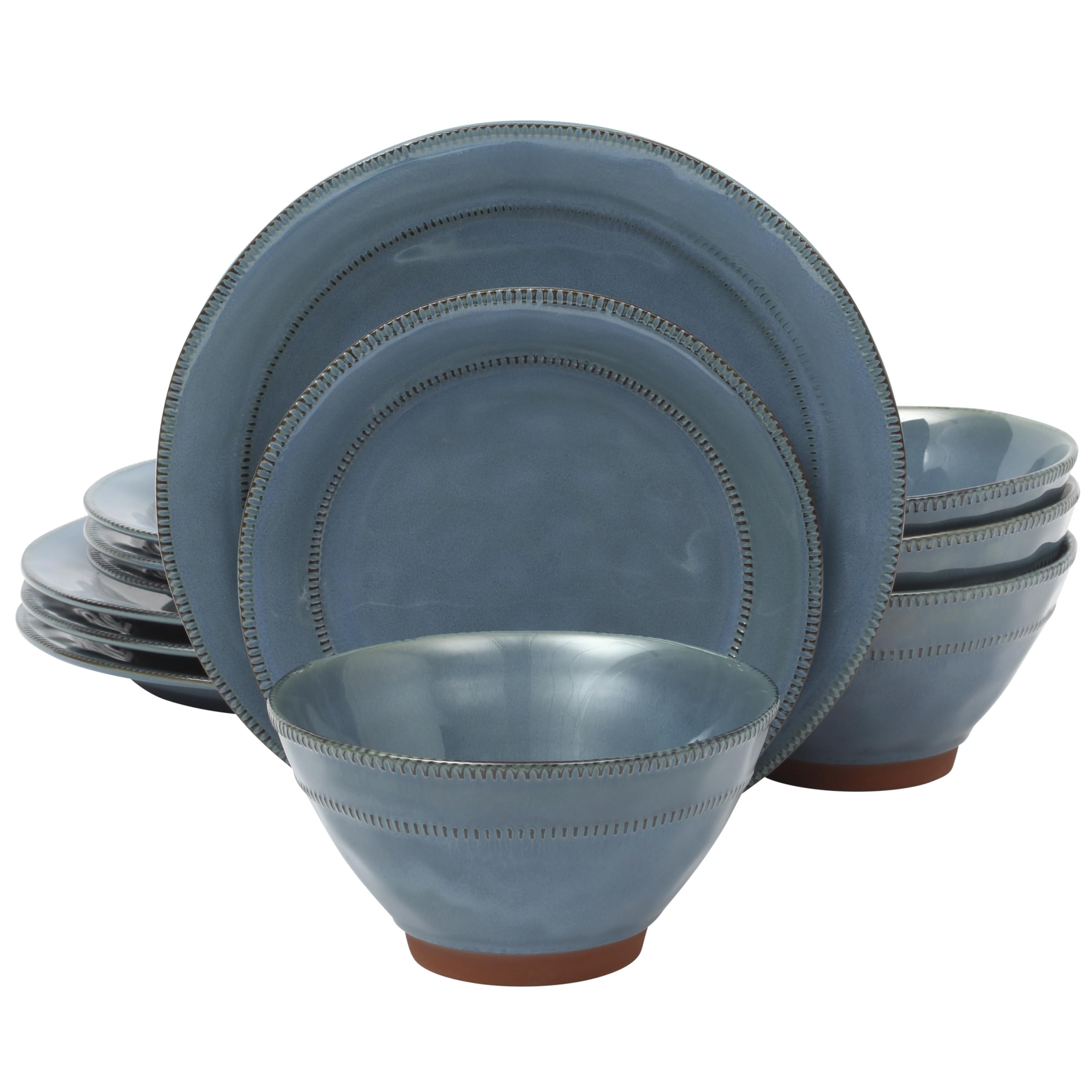 Gibson Elite Terranea 12 Piece Dishes Reactive Glaze Plates and Bowls Terracotta Dinnerware Set - Service for 4 - Blue Image