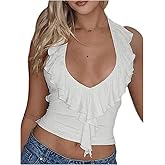 Verdusa Women's Going Out Tops Ruffle Lace Up Crop Halter Tops Summer Date Night Tops