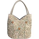 HCRAFT Embroidered Handbags for Women, Large Beads Flower Shoulder Tote Bag with Zipper Fabric Hobo Bags, Mother's Day Bag