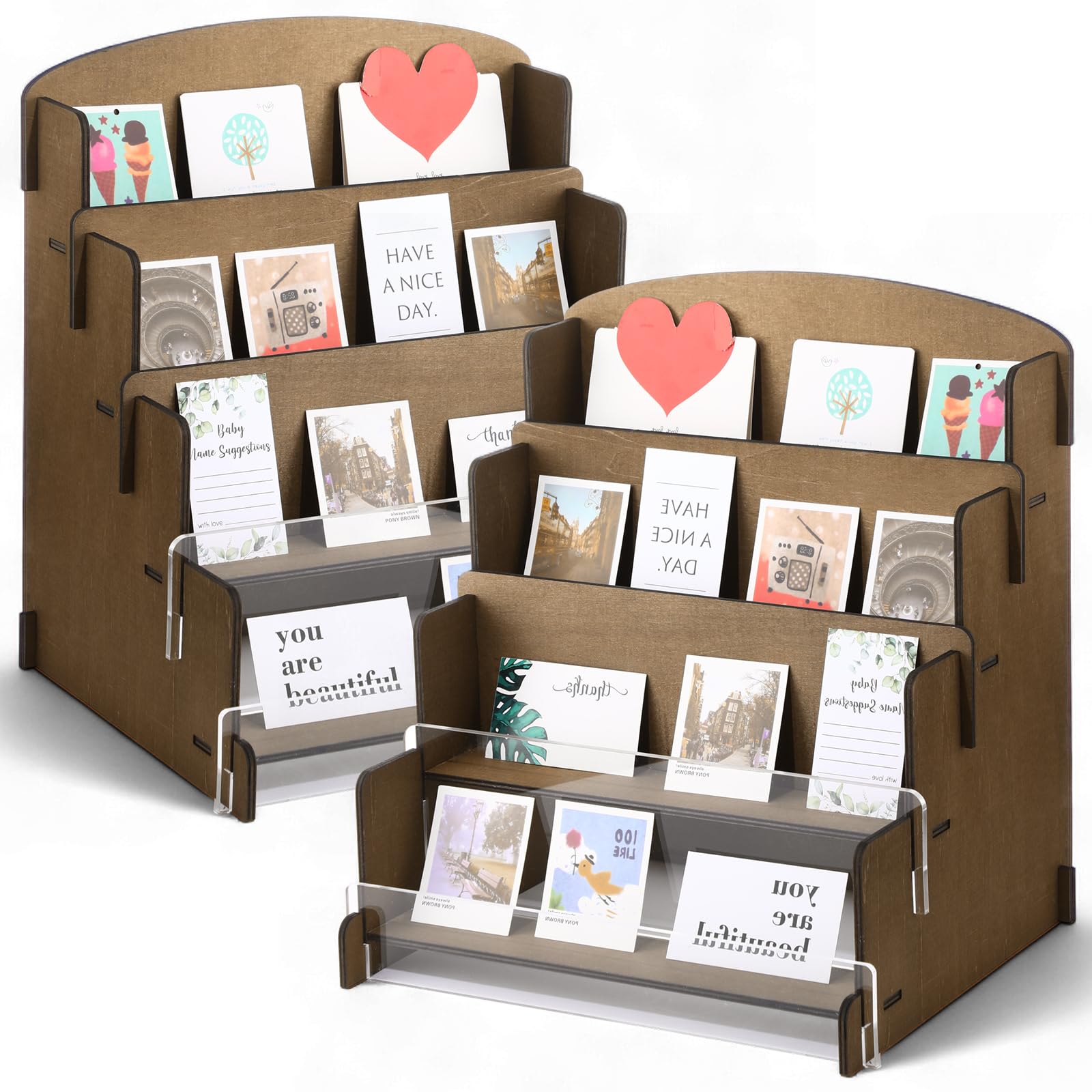 Photo 1 of 2 Sets Greeting Card Display Stand Holder 4 Tiered Wooden Organizer Rack for Retail Stores Card Collector Rack Postcards Stationery Vendors Photos