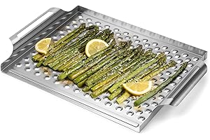 ONLYFIRE CHEF Onlyfire Stainless Steel Grill Pan, Nonstick Grill Topper Grid BBQ Tray with Perforated Bottom and Handles for Seafood, Meats, Vegetables, Great for Most Grills and Smokers