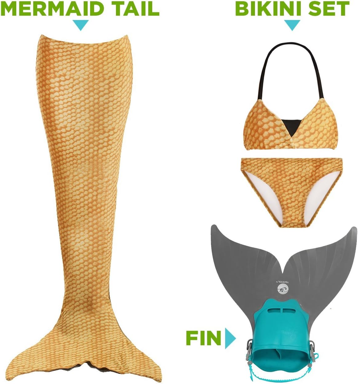 Tendol 3 Pieces Mono Fin Mermaid Tail for Swimming, Small - Gold