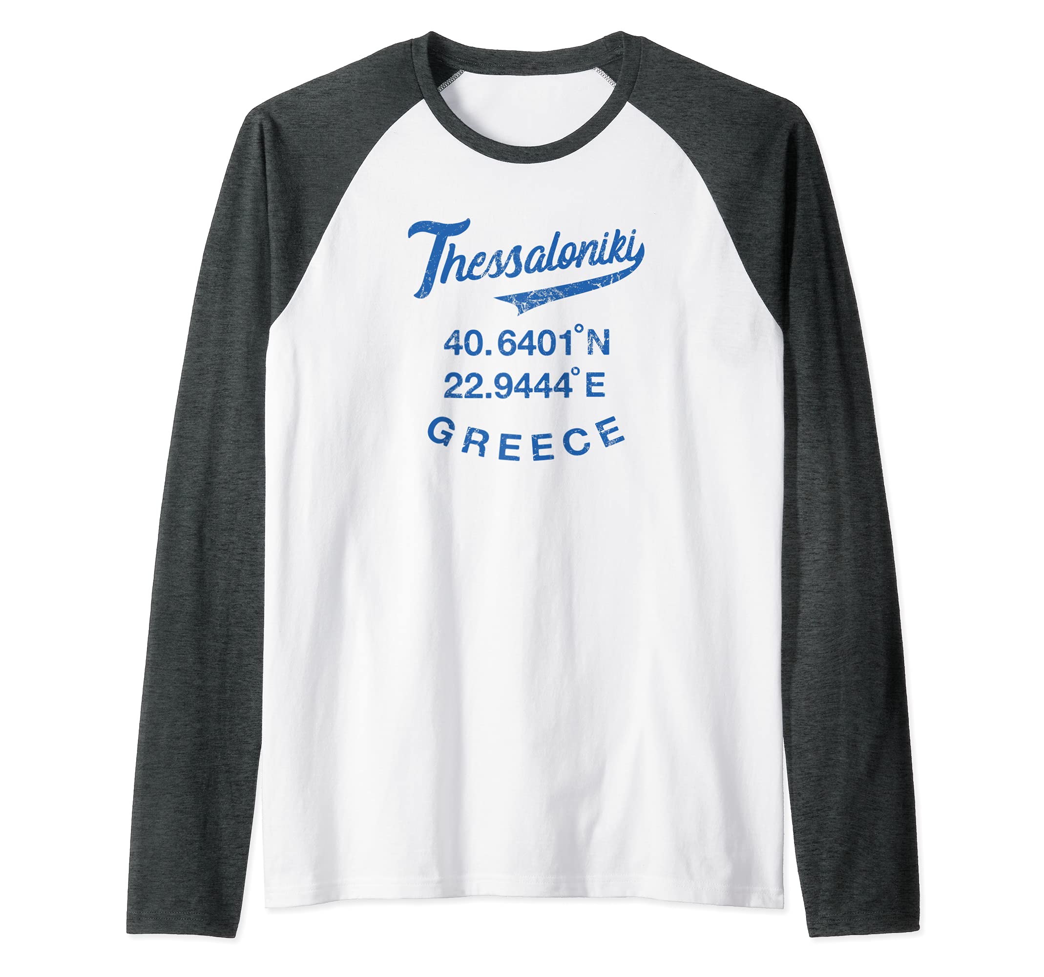 GREECE Thessaloniki Greek Coordinates Vintage Raglan Baseball Tee