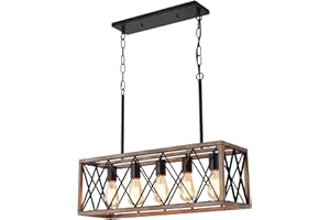 KEESFU 5-Light Dining Room Light Fixture, Farmhouse Kitchen Island Lighting,Adjustable Height Pendant Light, Rustic Linear Chandelier for Kitchen, Dining Room Table, Pool Table. (Wood Grain Color)