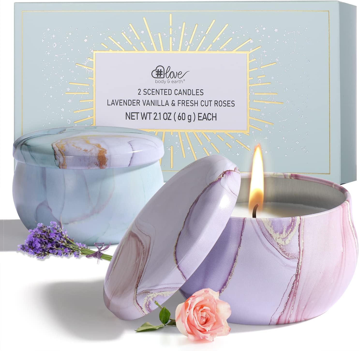 Candles & Holders - Candles Gift, 2×2.1 oz Aromatherapy Candles for Home Scented, Soy Wax Candles with Lavender Vanilla Fresh Cut Roses, Portable Small Jar Candles Set for Travel, Spa, Bath, Yoga, Home Decor Tin Candle