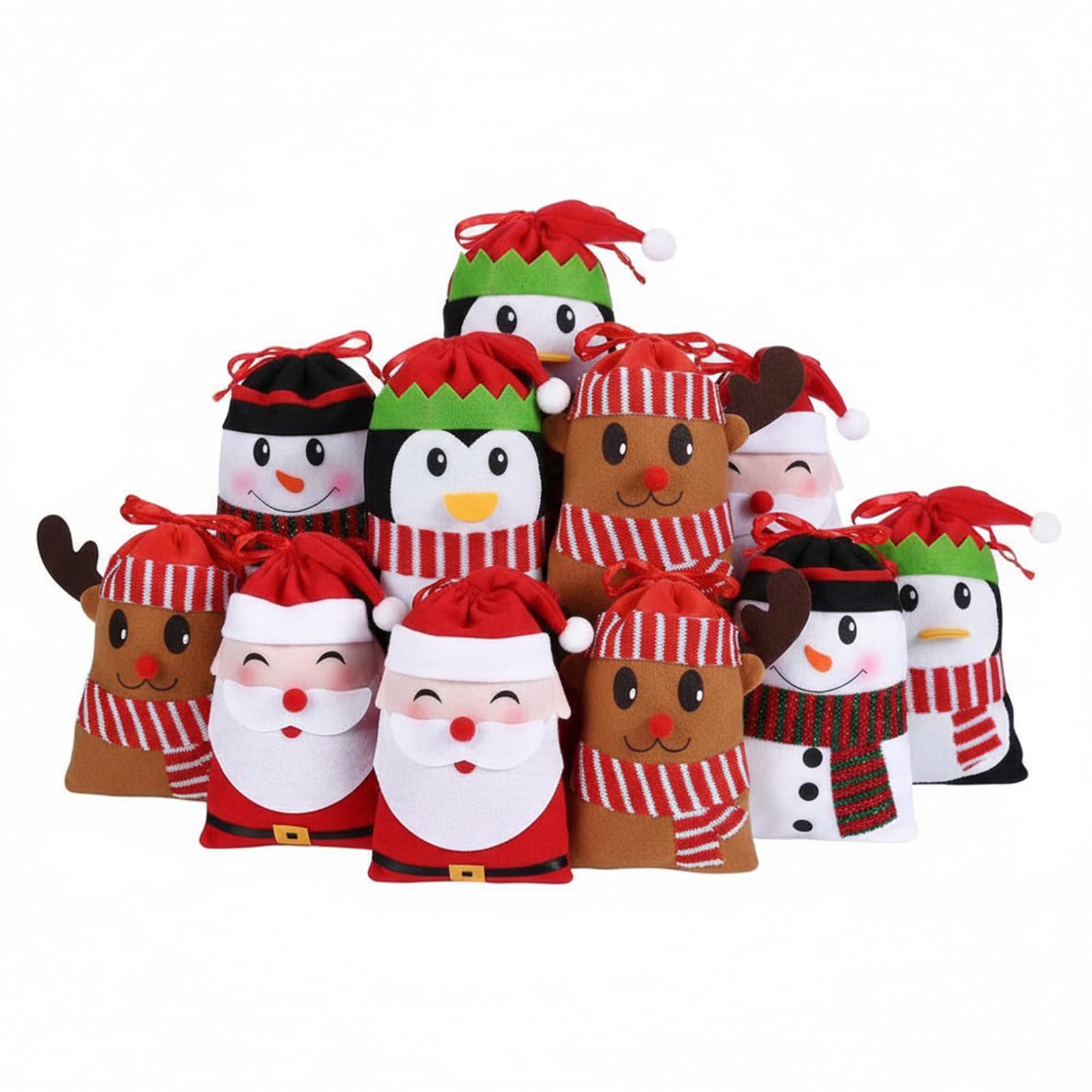 12Pcs Christmas Drawstring Gift Wrapping Bags Pouches, Small Gift Bags, Christmas Candy Bags for Xmas Party Favors and Decorations - Including Snowman, Santa Claus, Deer, Penguin