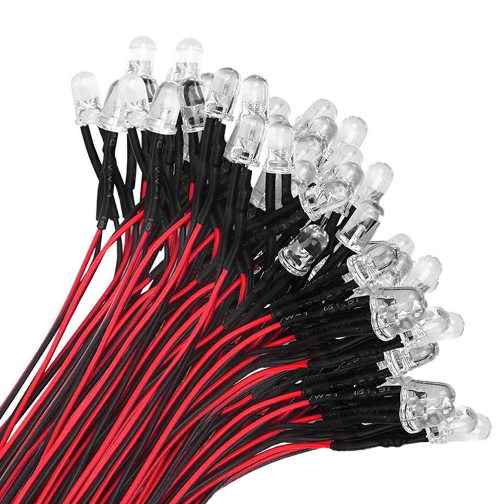 YIXISI 100 PCS 5mm LED Diodes Light, Emitting Diode, Round Head LED Lamp, Ultra Bright 12V, 20cm Pre Wired, Red — image 1