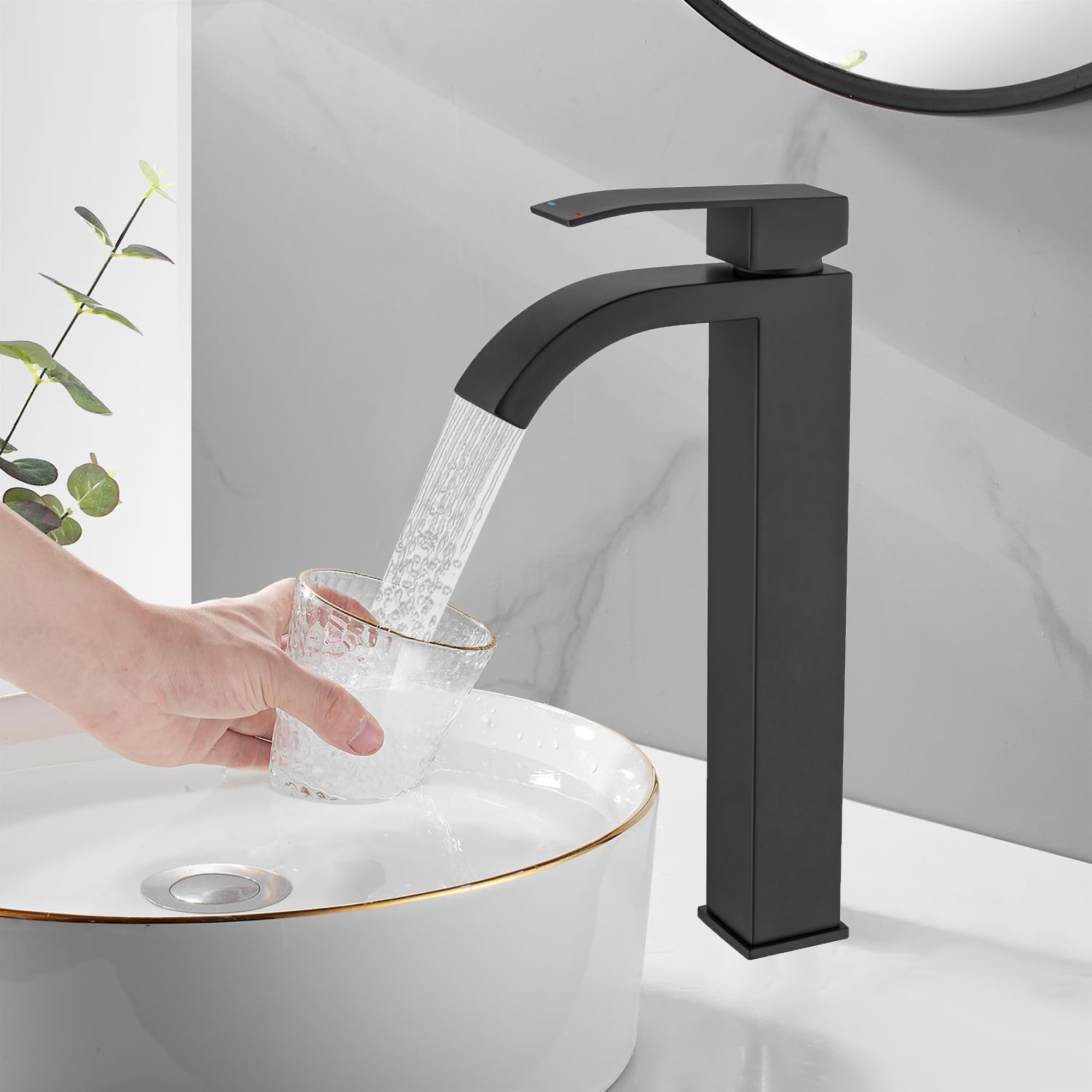 BAITUJIE Basin Mixer Tap Tall Matte Black Bathroom Taps High Rise Basin Sink Mixer Tap Single Handle Square Monobloc Taps