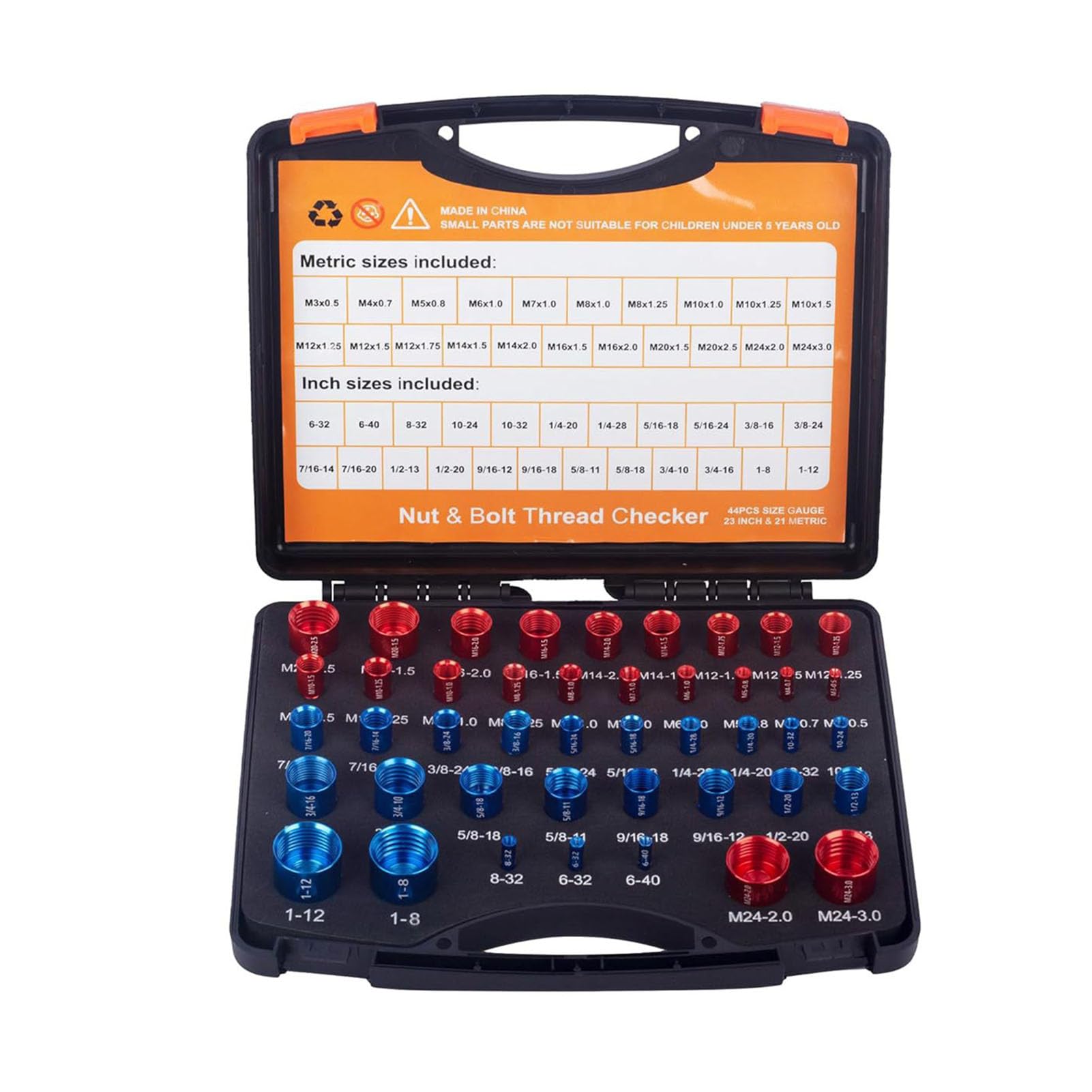 44PCS Nut and Bolt Thread Checker, Metric Nut and Bolt Identifier Gauge Set Nut and Bolt Size Gauge Box 23 Inch and 21 Metric Male Female Size and Thread Gauge Individually Housed